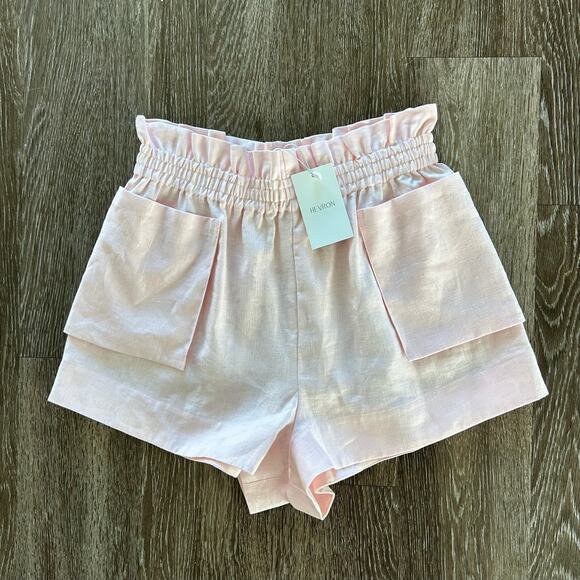 NWT Hevron Mira Linen Shorts Rose Quartz Pink High-Waist Pocket 100% Linen Sz M - Picture 4 of 16